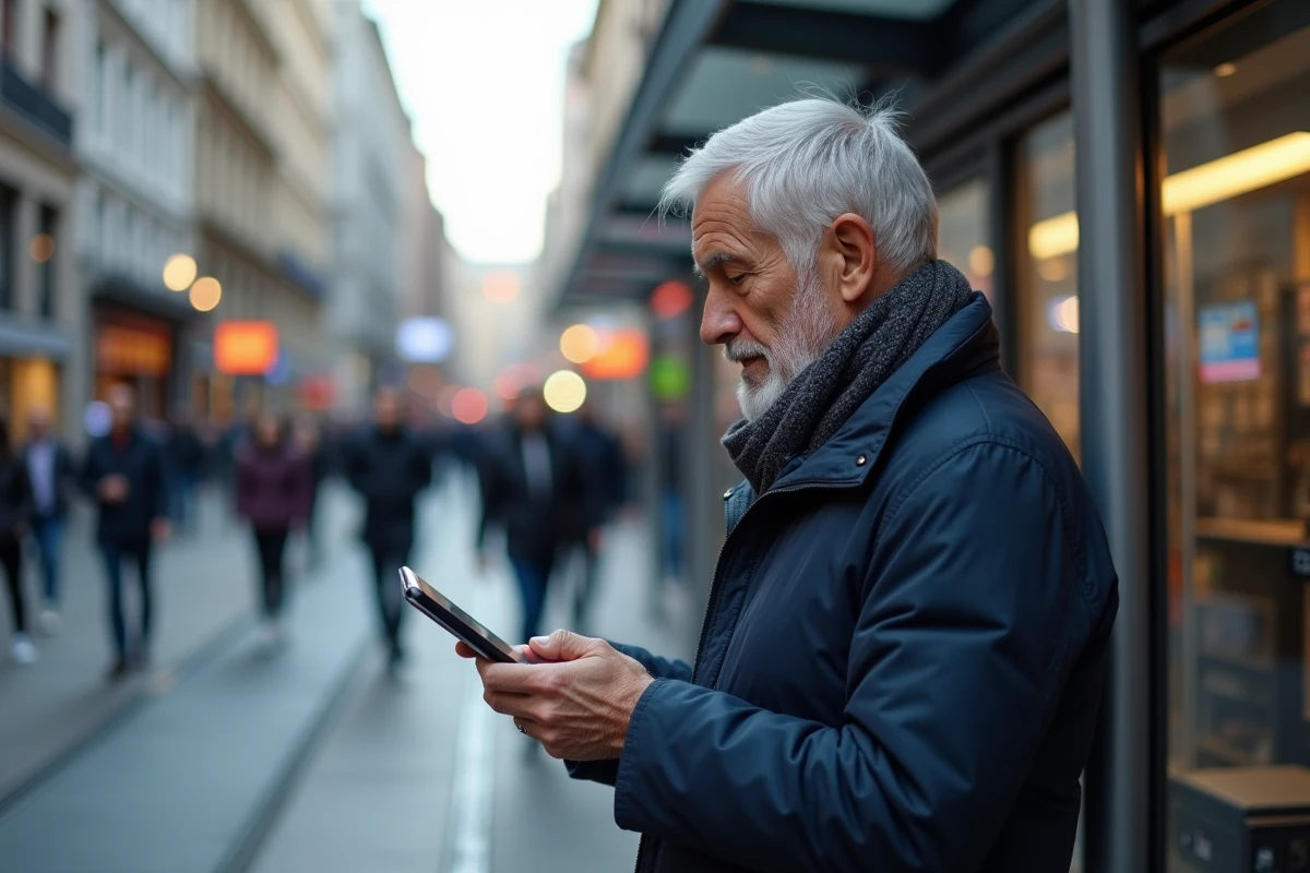 Homme âgé lisant les nouvelles sur une tablette dans la ville