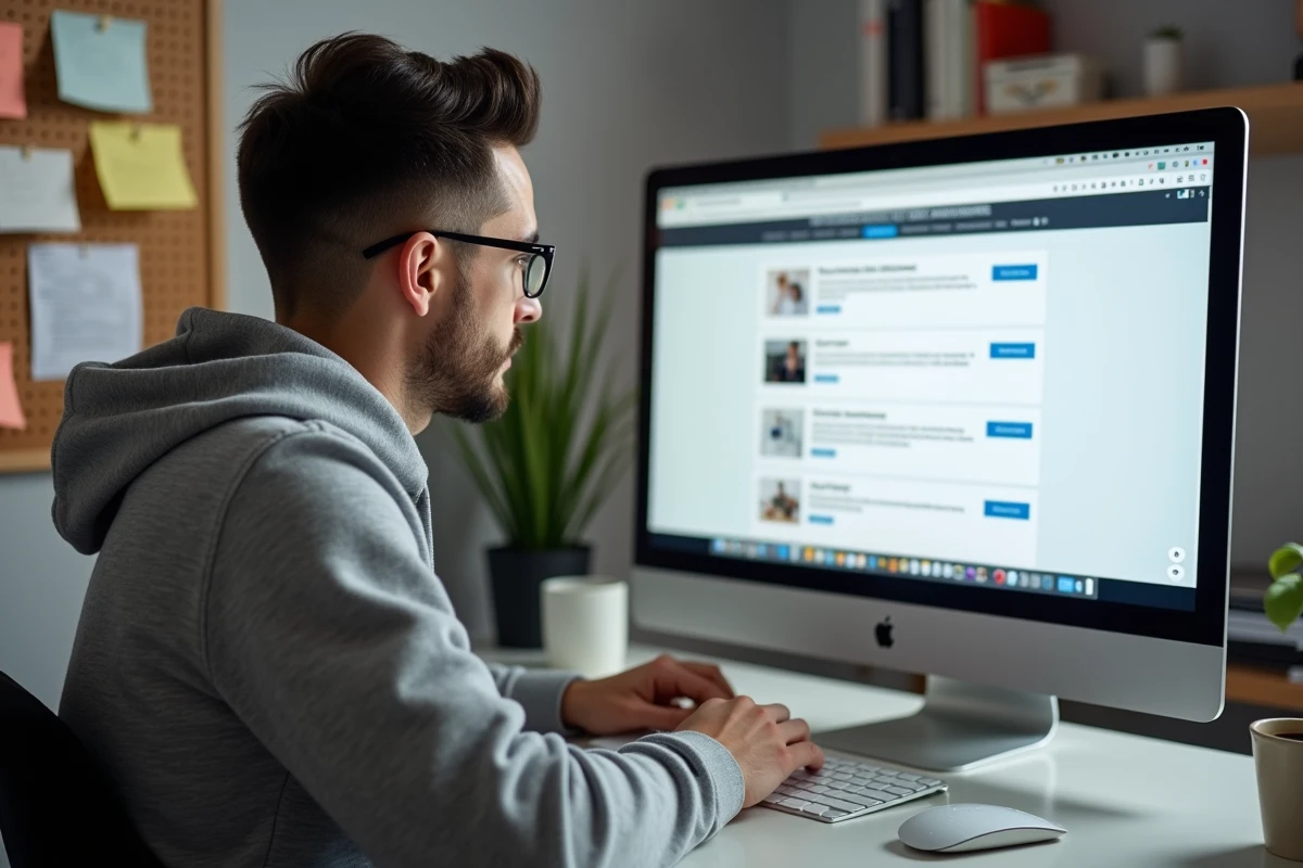 Homme recherchant des offres gratuites et des concours en ligne depuis son bureau à domicile