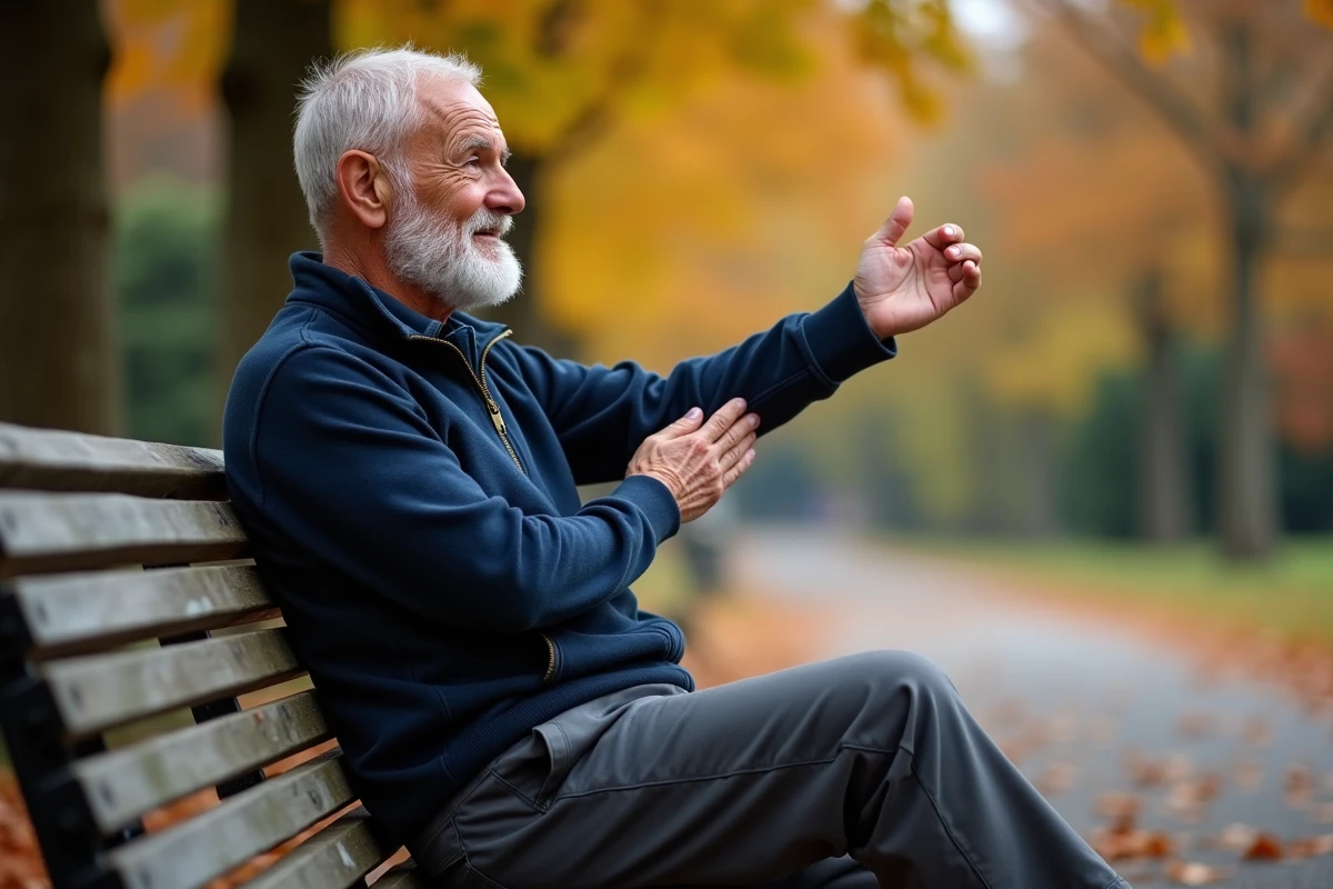 Homme senior faisant des étirements dans un parc en automne, illustration d'une activité physique adaptée aux personnes âgées