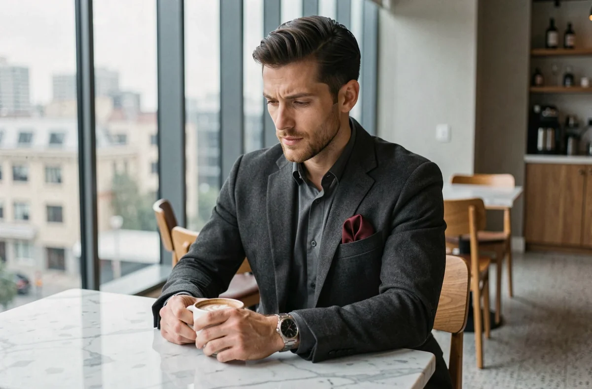 Homme stylé en blazer charbon avec montre acier et pochette bordeaux dans un café contemporain
