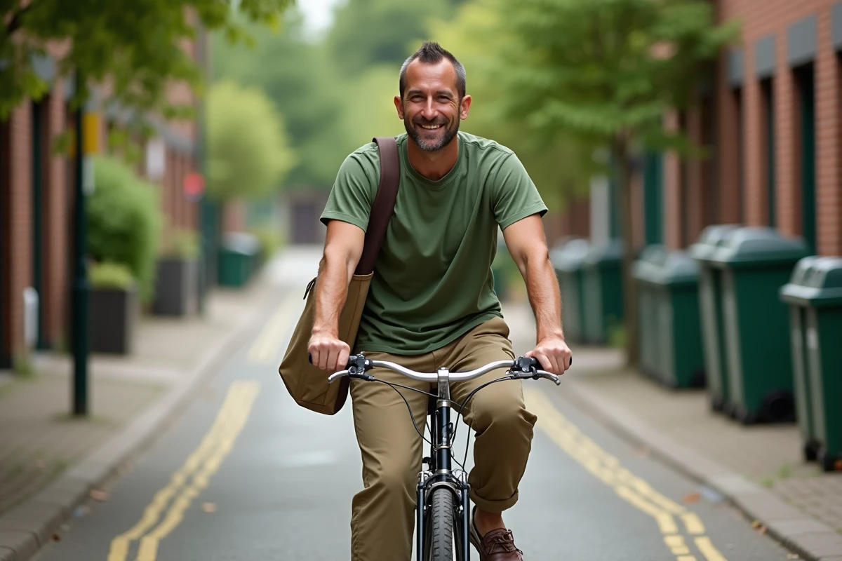Homme en vélo dans une rue urbaine avec jardin communautaire