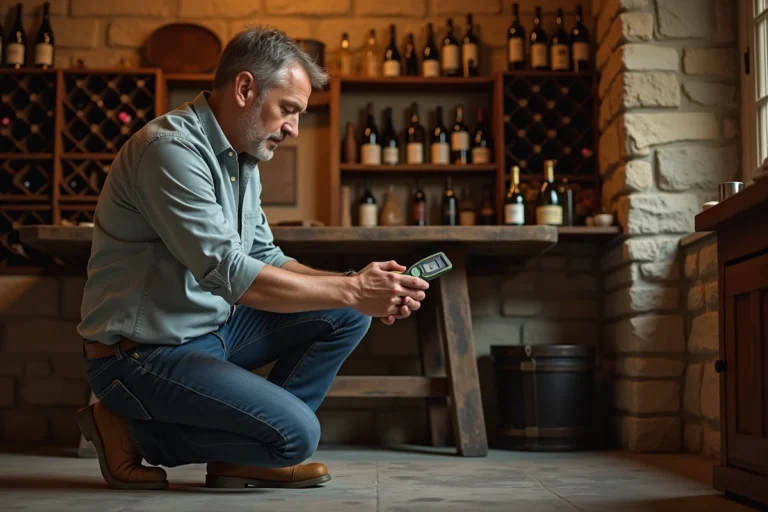 Homme vérifiant la température dans une cave à vin rustique