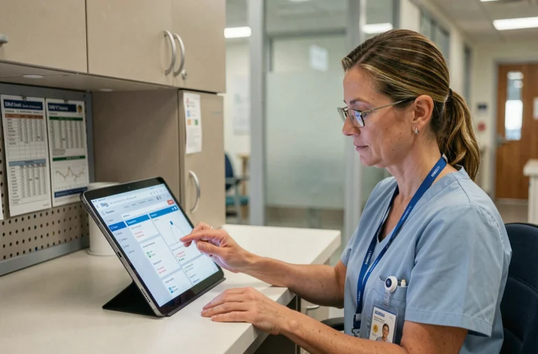 Infirmière en EHPAD utilisant un logiciel de gestion des soins Netsoins DomusVi sur une tablette numérique au poste infirmier