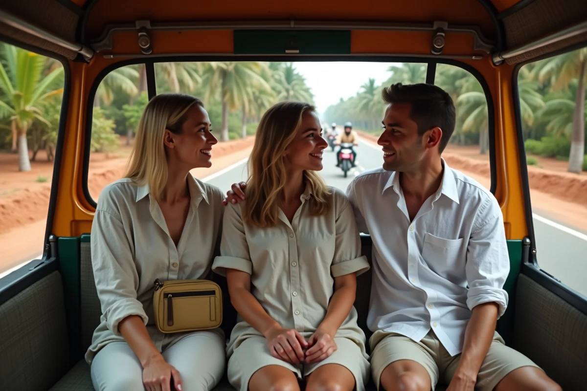 Vue intérieure d'un tuktuk avec trois passagers assis côte à côte lors d'un trajet touristique