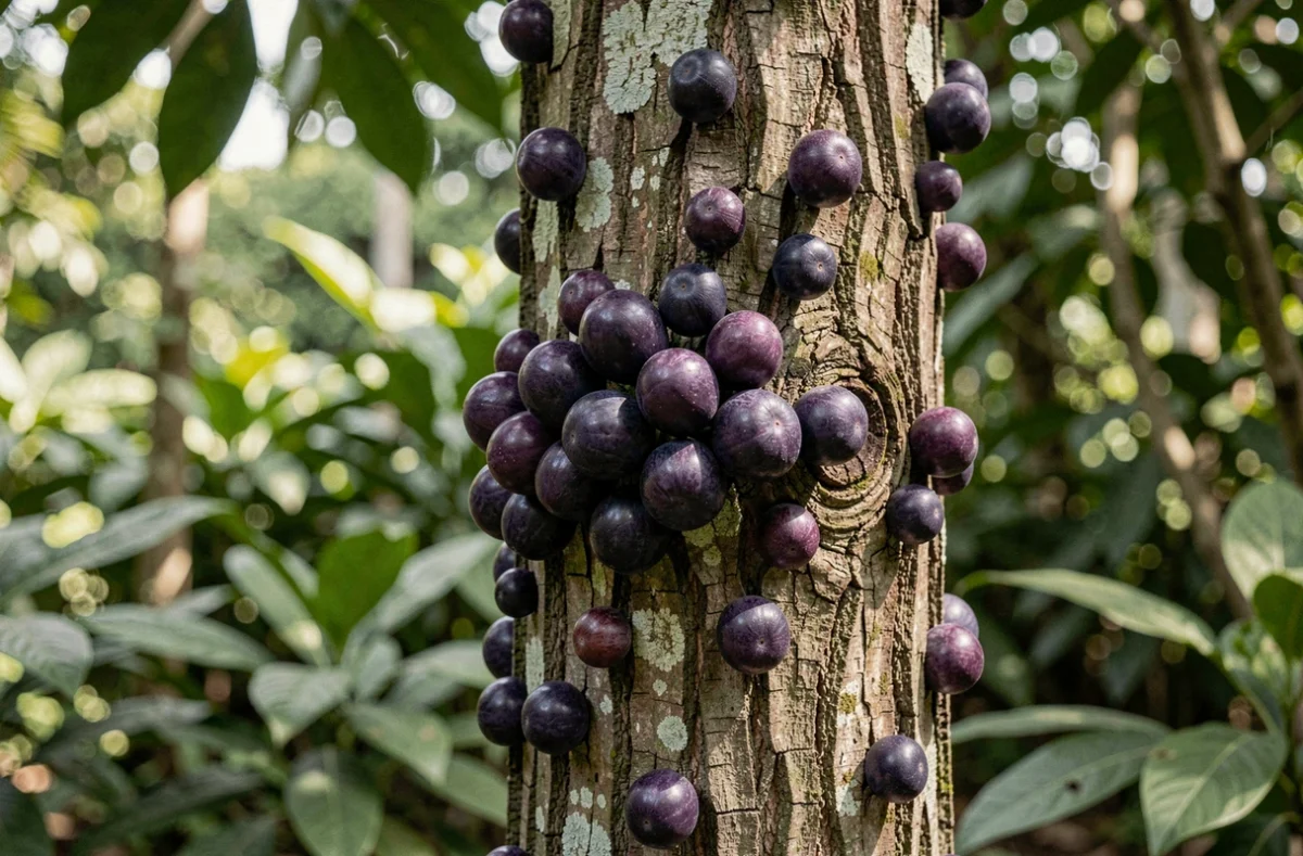Fruits jaboticaba violet foncé poussant directement sur le tronc d'un arbre dans un jardin brésilien subtropical