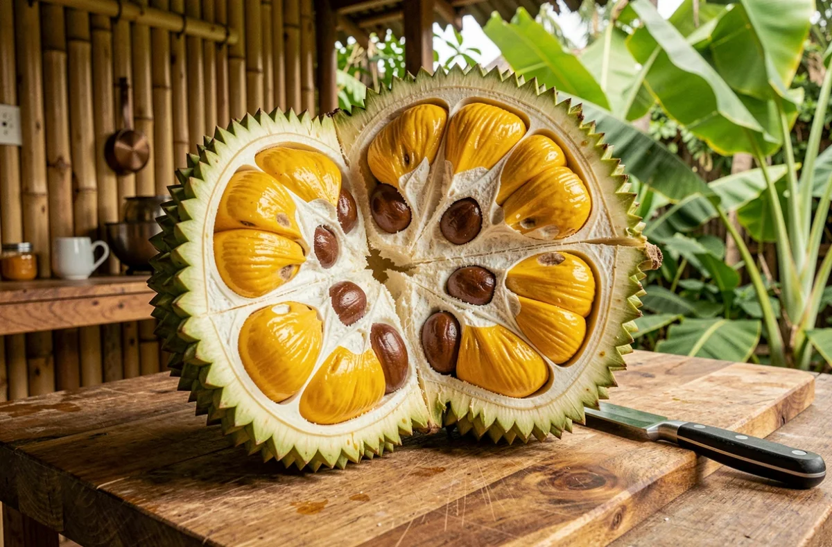Jackfruit géant coupé en deux sur une planche en bois révélant ses gousses jaunes et ses graines dans une cuisine tropicale