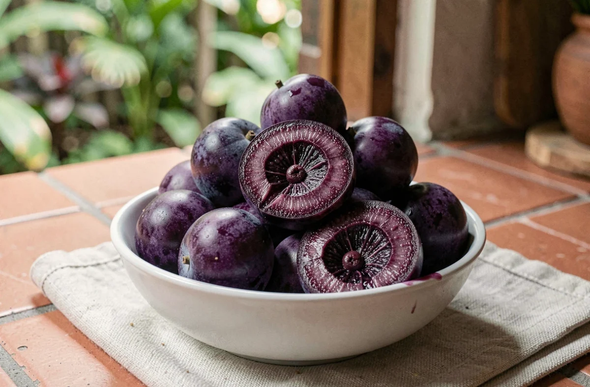 Fruits jambolan violet foncé dans un bol en céramique blanche avec coupe révélant la chair astringente teintée de violet