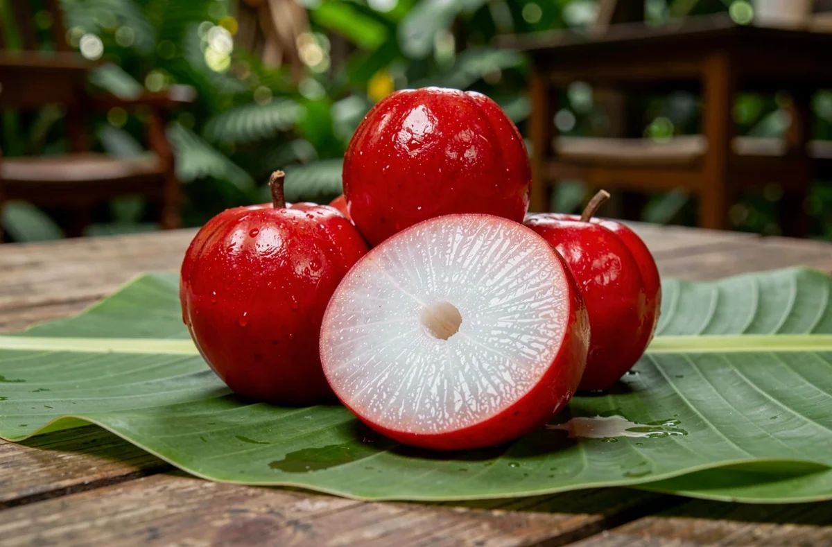 Pommes d'eau jambose rouge sur une feuille de bananier avec une coupe révélant la chair blanche croquante