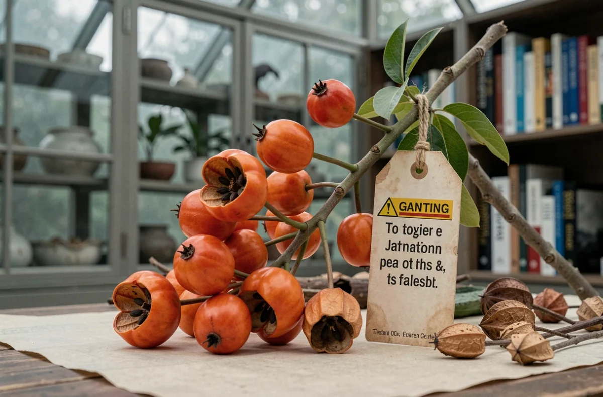 Fruits toxiques de Jatropha avec un avertissement de mise en garde sur une table d'étude botanique montrant les capsules et graines