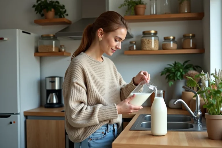 Jeune femme verse du lait d'avoine dans une bouteille réutilisable