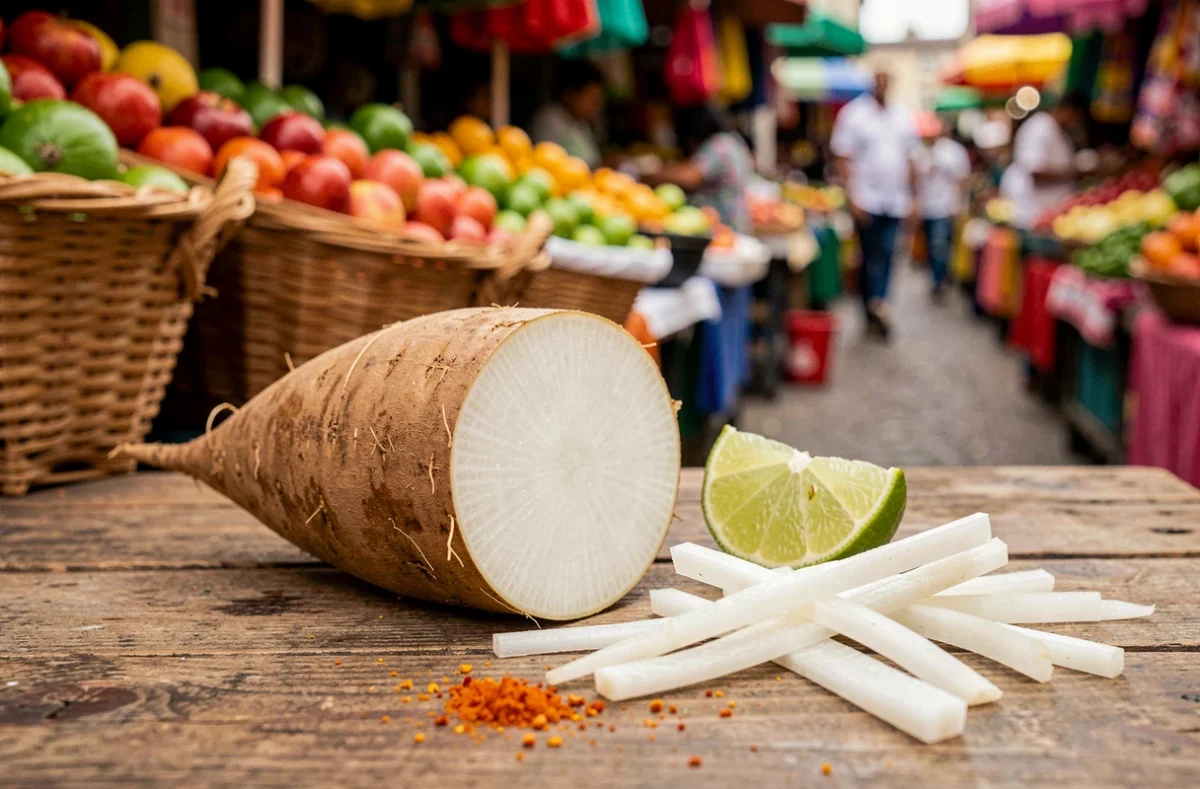 Tubercule jicama coupé révélant sa chair blanche croquante accompagné de bâtonnets et de citron vert sur un marché mexicain coloré