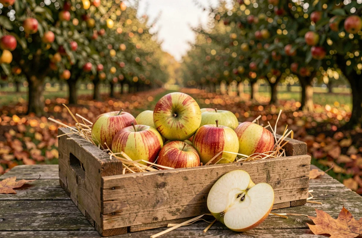 Pommes Jonagold jaune-vert rougies dans une caisse en bois rustique avec une pomme coupée dans un verger d'automne