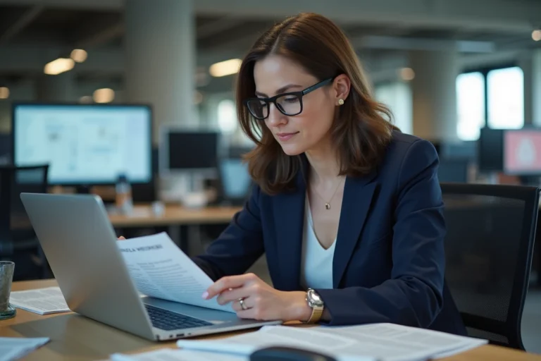 Journaliste femme lisant des actualités dans une salle de rédaction moderne avec journaux et ordinateur portable