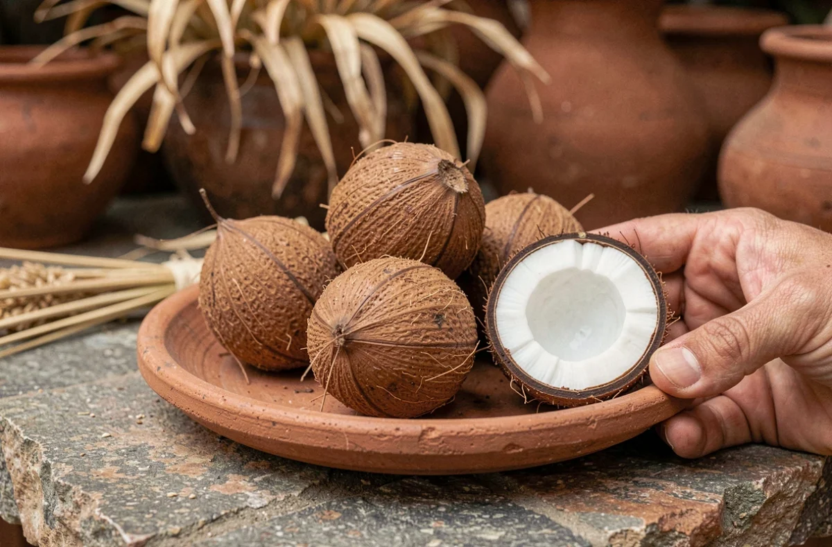 Petites noix de Jubaea chilensis sur une assiette en terre cuite avec une coupe révélant leur intérieur blanc, dans une ambiance rustique chilienne