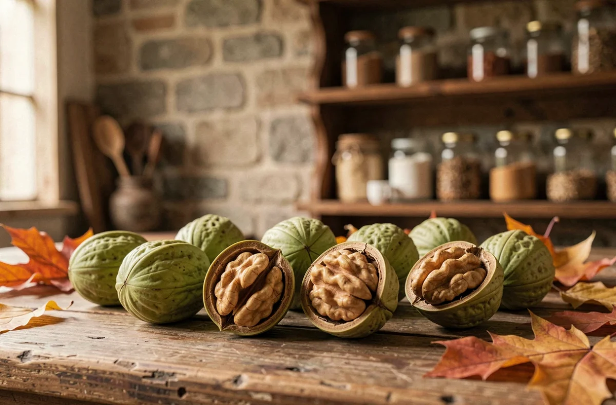 Noix communes Juglans regia en différents stades sur une table en bois rustique entourée de feuilles d'automne dans une ferme française