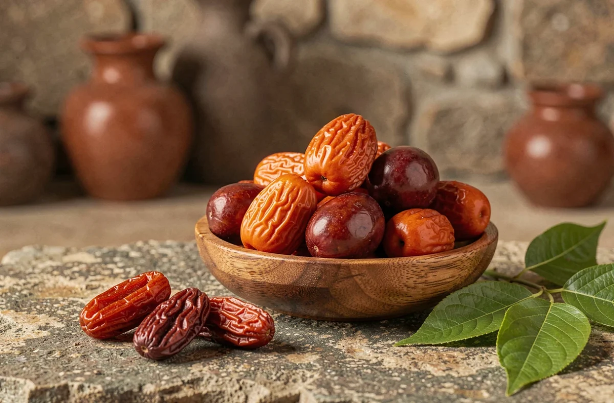 Fruits jujube frais et séchés dans un bol en bois sur une surface en pierre rustique, rappelant la médecine traditionnelle chinoise