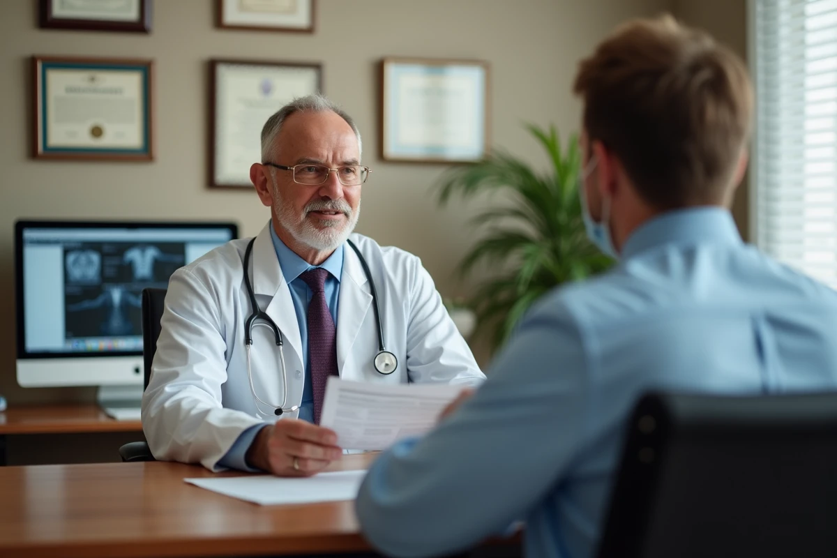 Médecin consultant présentant les résultats d'une étude clinique à son patient en cabinet médical
