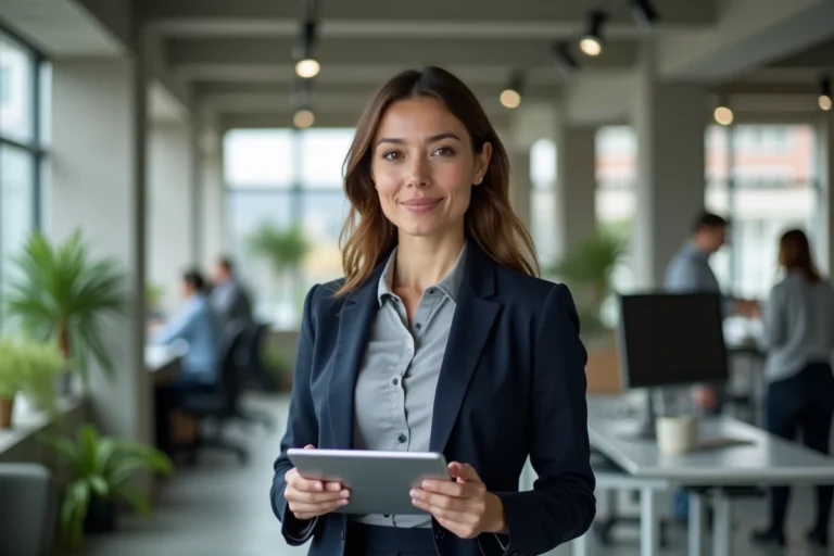 Professionnelle titulaire d'un master MOSS en poste dans un bureau moderne, consultant des données environnementales sur une tablette