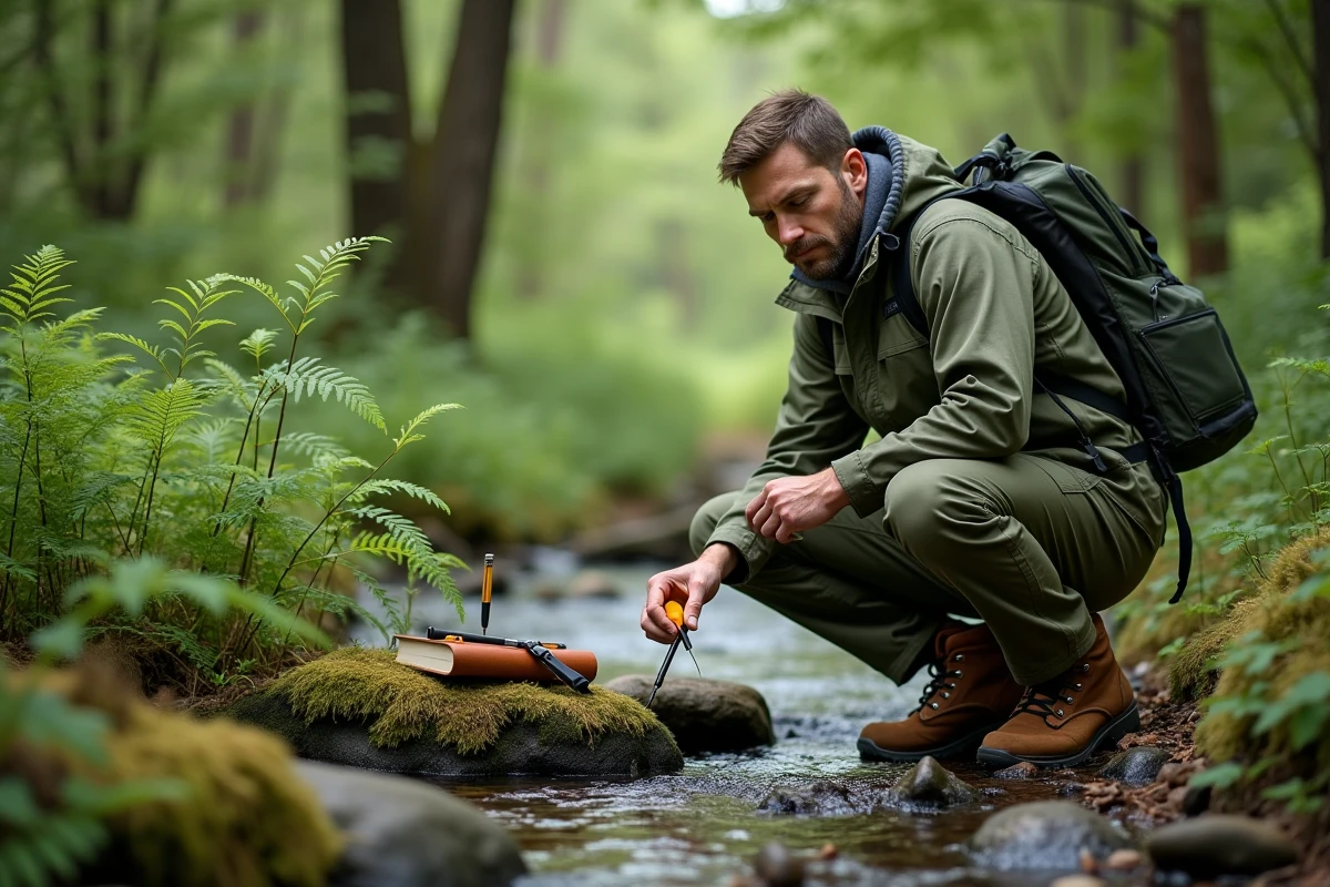 Technicien environnement issu d'un master MOSS effectuant des prélèvements d'eau en milieu naturel lors d'une mission terrain