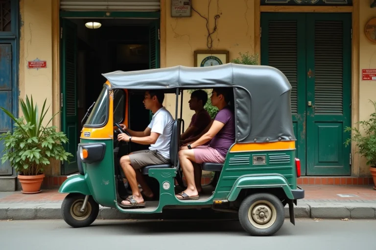 Tuktuk traditionnel transportant plusieurs passagers dans une rue animée d'Asie du Sud-Est