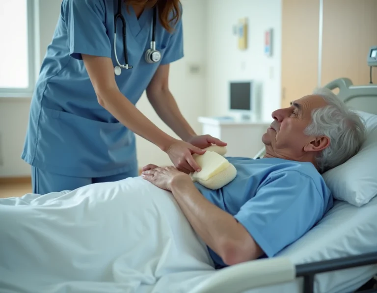 Infirmière repositionnant un patient âgé avec un coussin anti-escarre dans une chambre d'hôpital