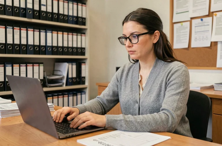 Femme connectée à un ordinateur portable dans un bureau universitaire pour récupérer ses identifiants mail académique Amiens