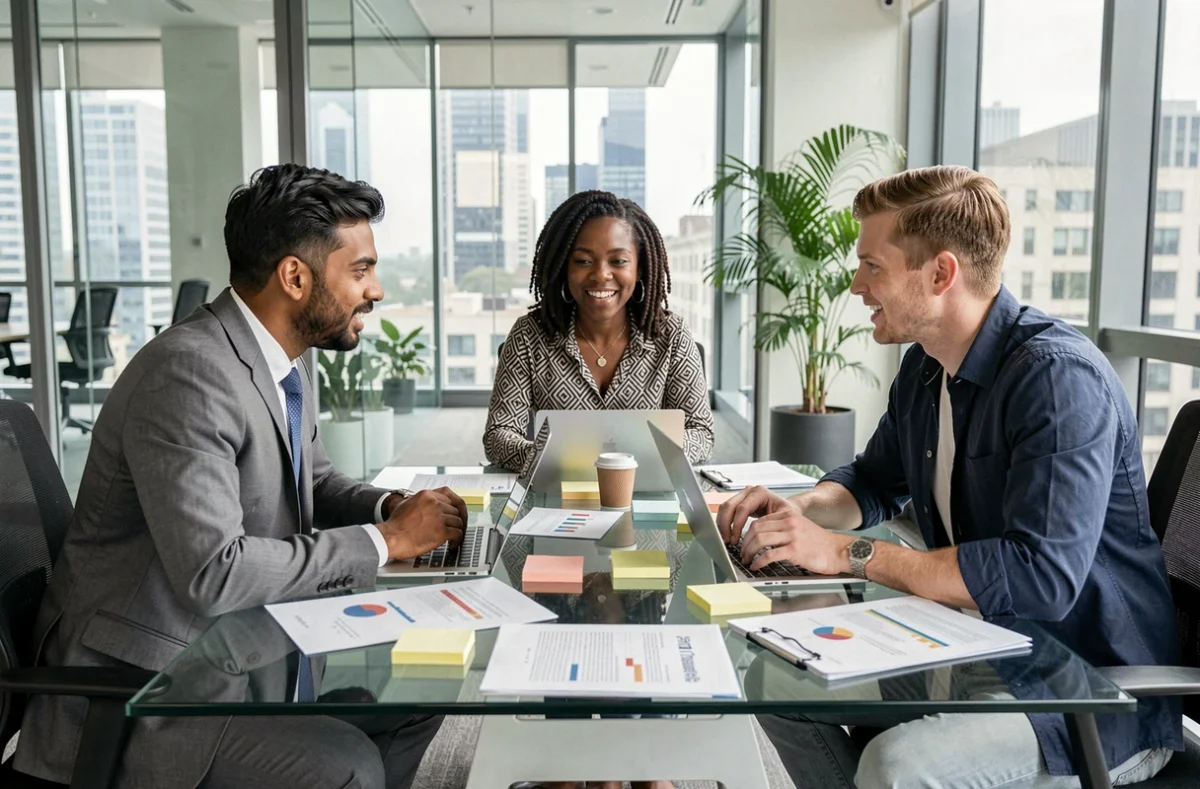 Équipe multiculturelle en réunion stratégique autour d'une table en verre pour un projet de développement à l'international