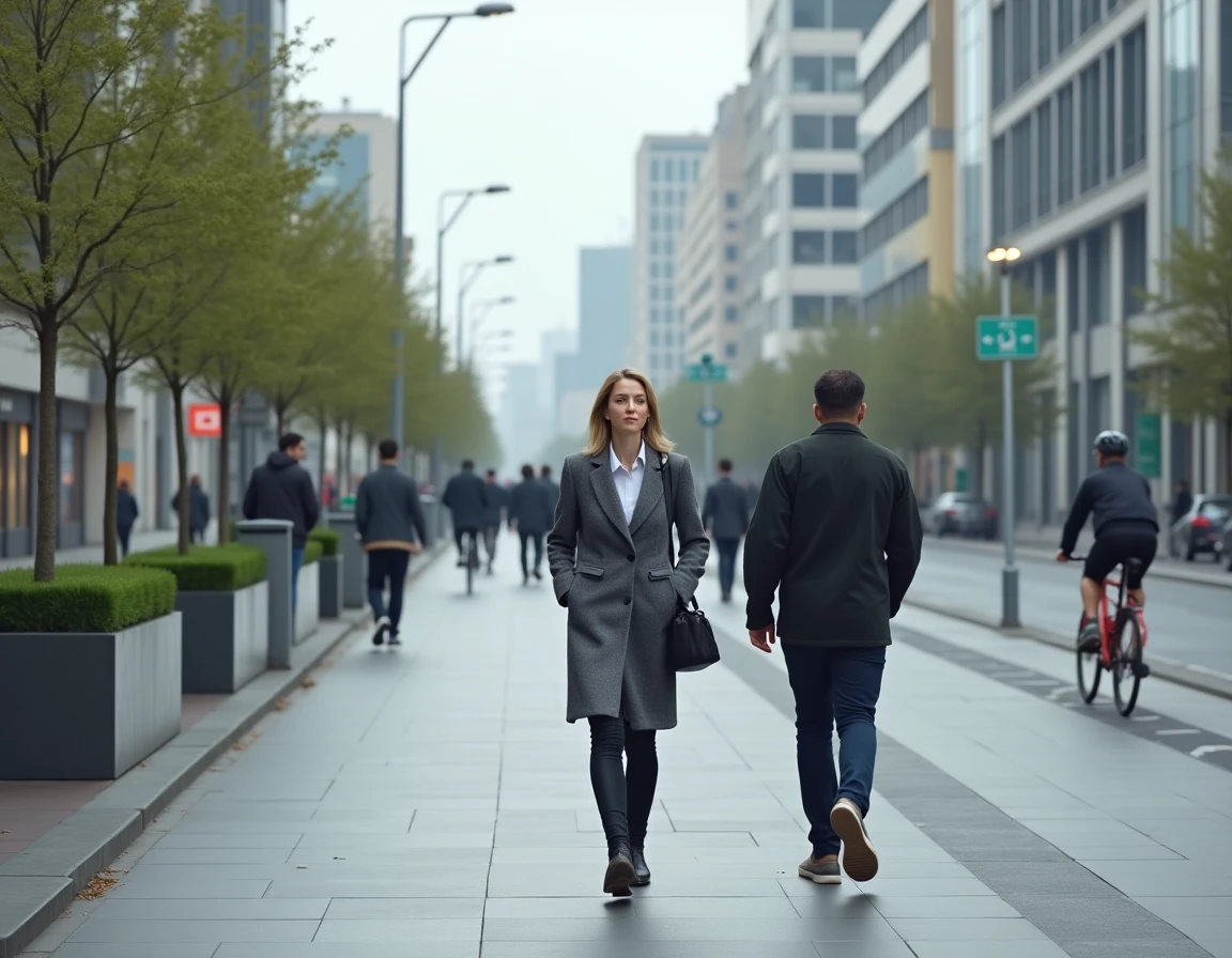 Responsable municipale marchant dans une rue connectée équipée de capteurs et d'infrastructures numériques de ville intelligente