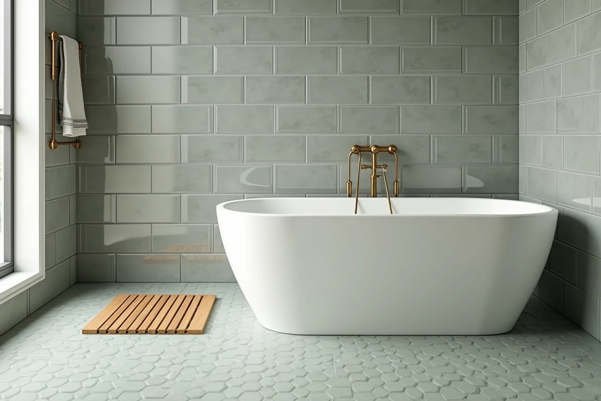 Salle de bain contemporaine avec carrelage mural gris brillant et carreaux de ciment hexagonaux au sol en vert sauge