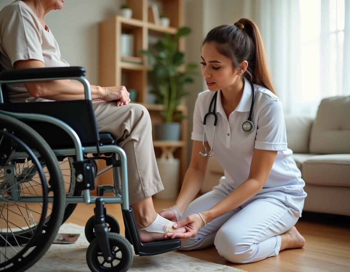 Aide-soignante réalisant un soin de plaie d'escarre au talon d'une personne âgée en fauteuil roulant à domicile