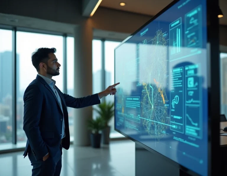 Urbaniste interagissant avec un écran tactile de gestion de ville intelligente dans un centre de contrôle numérique moderne