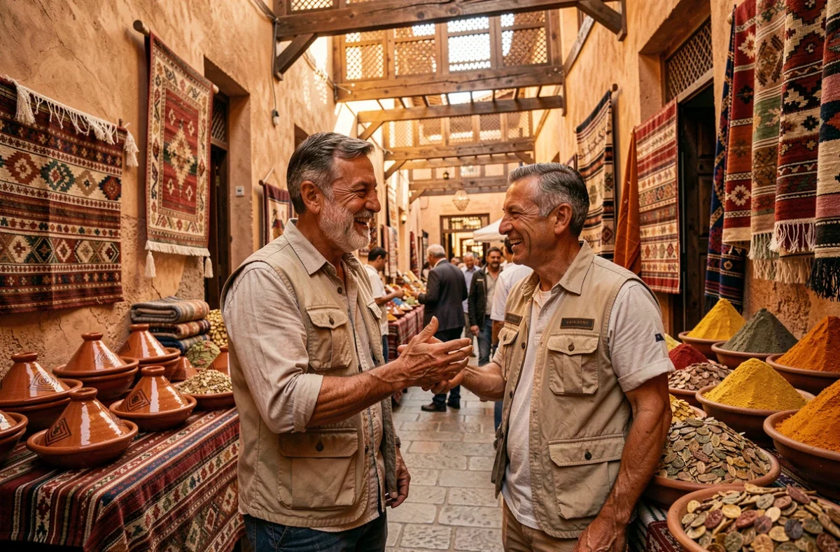 Un globe-trotteur expérimenté négocie avec un commerçant local dans un marché animé de la médina marocaine, illustrant l'immersion culturelle lors d'un voyage alternatif