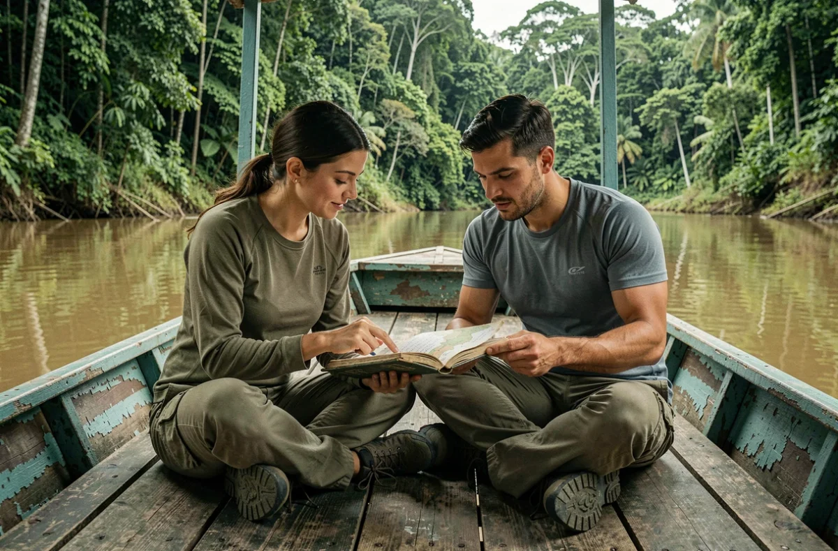 Deux jeunes voyageurs consultent un carnet de voyage à bord d'un ferry fluvial traversant une rivière en pleine jungle sud-américaine, symbole du voyage autrement et de l'exploration authentique