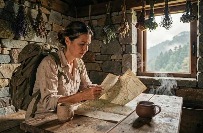 Une voyageuse indépendante consulte une carte papier dans une auberge rustique de montagne en Asie du Sud-Est, incarnant l'esprit du voyage authentique et alternatif