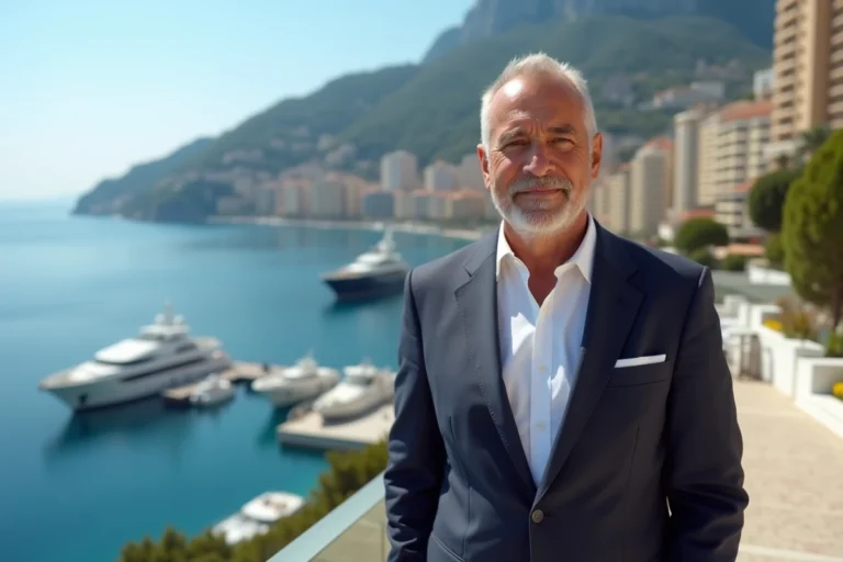 Portrait d'un homme d'affaires élégant d'origine méditerranéenne sur une terrasse avec vue sur le port de Monaco