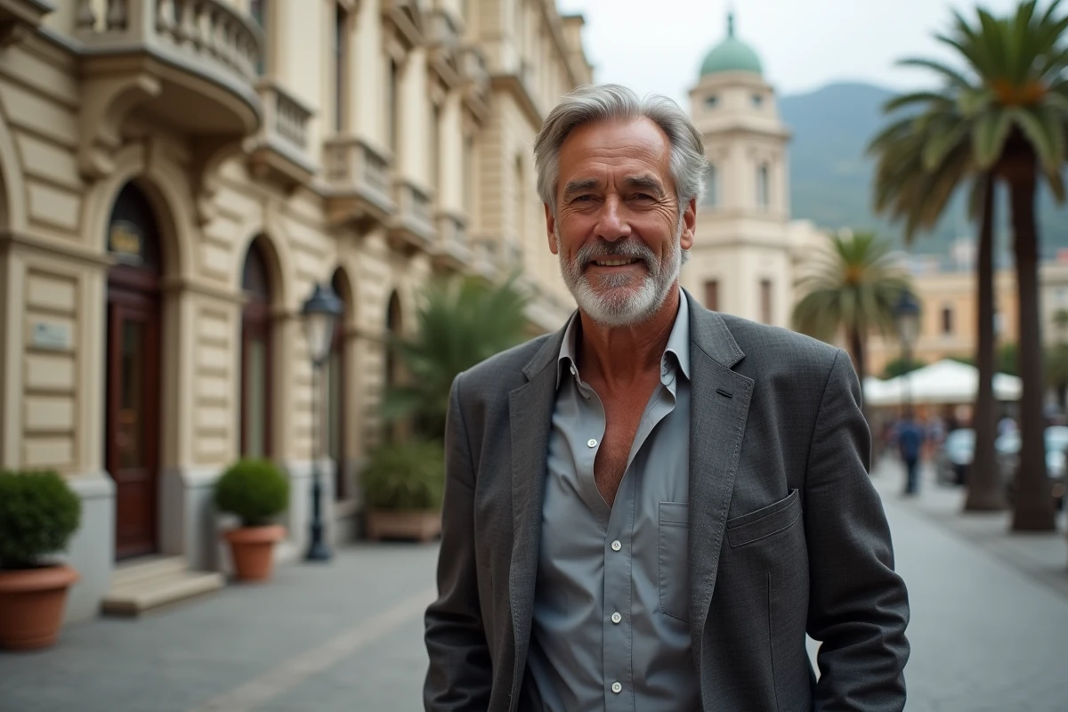 Portrait en extérieur d'un milliardaire marchant sur la Place du Casino à Monaco entourée d'architecture historique